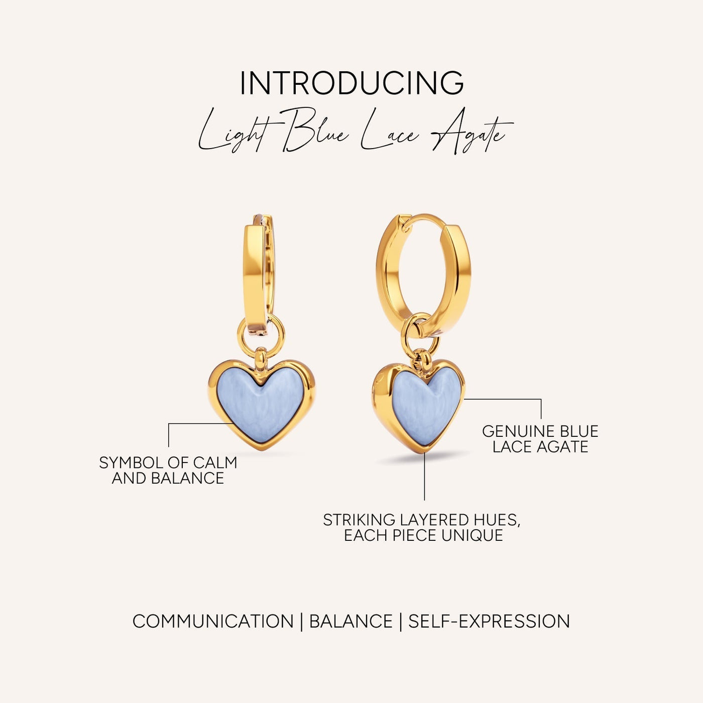 Light Blue Lace Agate Heart Huggie Earrings (Gold)