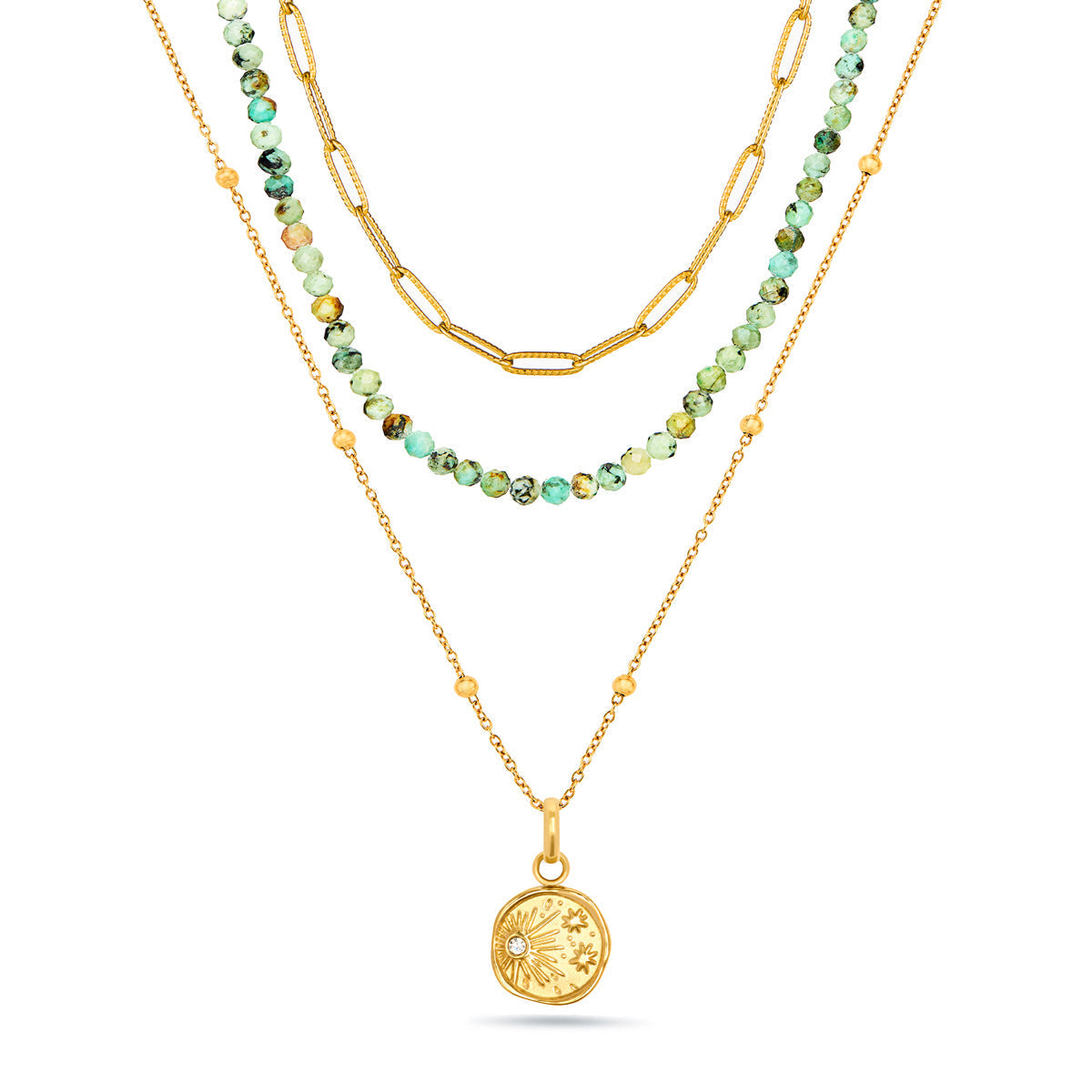 Mini Coin & Beaded Layered Necklace Set (Gold)