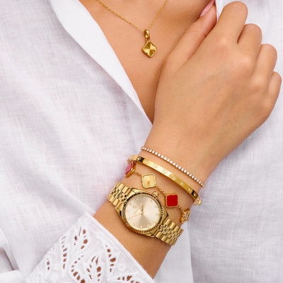 Red & Fluted Clover Bracelet (Gold)