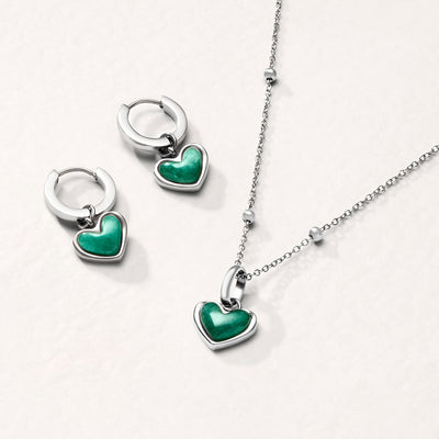 Green Quartz Heart Huggie Earrings (Silver)